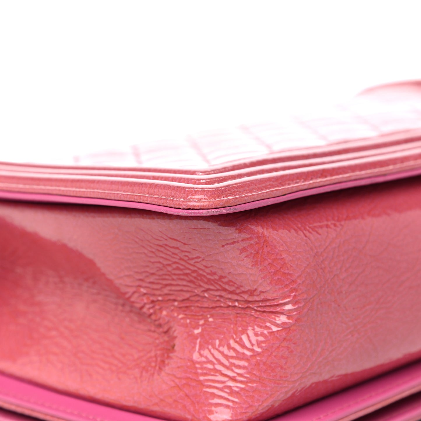 Distressed Patent Calfskin Quilted New Medium Boy Flap Pink