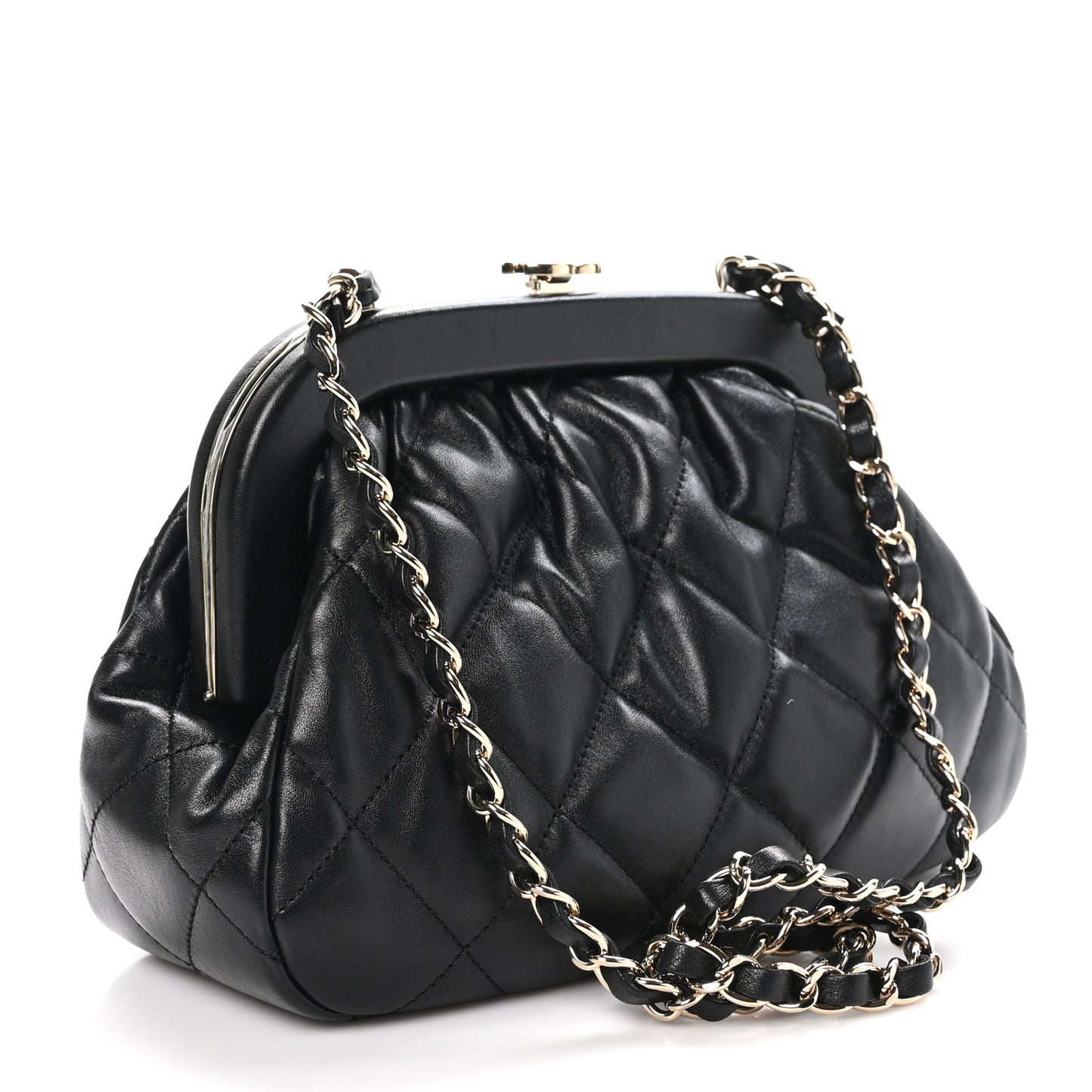 Lambskin Quilted CC Kisslock Clutch Black