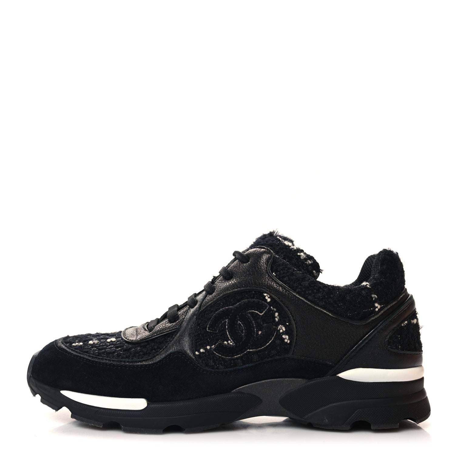Chanel Tweed Suede Goatskin CC Sneakers 40 Black White 1 of 8
