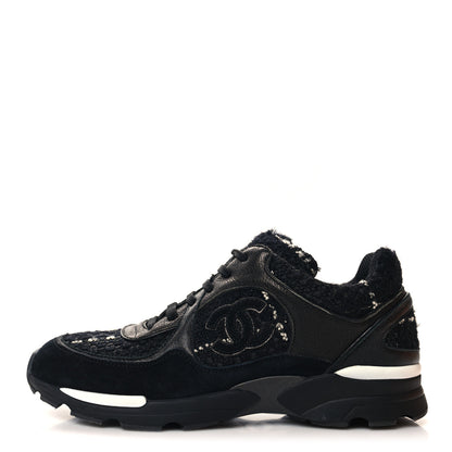 Chanel Tweed Suede Goatskin CC Sneakers 40 Black White 1 of 8