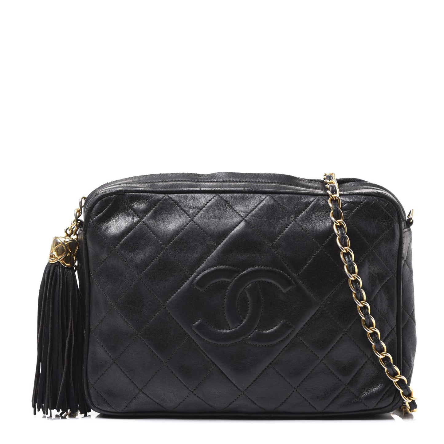 Lambskin Quilted CC Tassel Camera Case Black