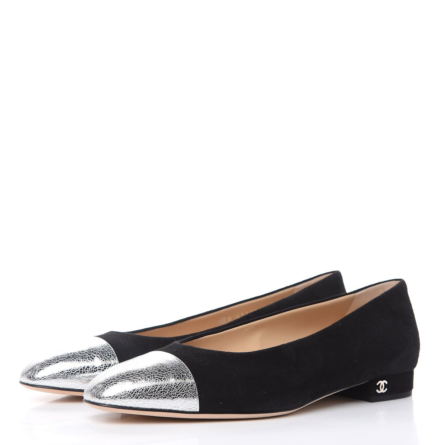 Kid Suede Metallic Lambskin Cap Toe Ballerina Flats 38.5 Silver Black