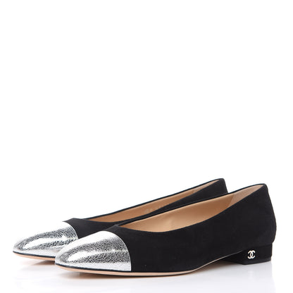 Chanel Kid Suede Metallic Lambskin Cap Toe Ballerina Flats 38.5 Silver Black 3 of 9