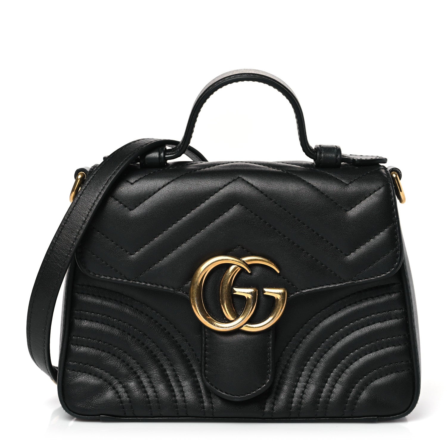 Gucci Calfskin Matelasse Mini GG Marmont Top Handle Shoulder Bag Black 1 of 9