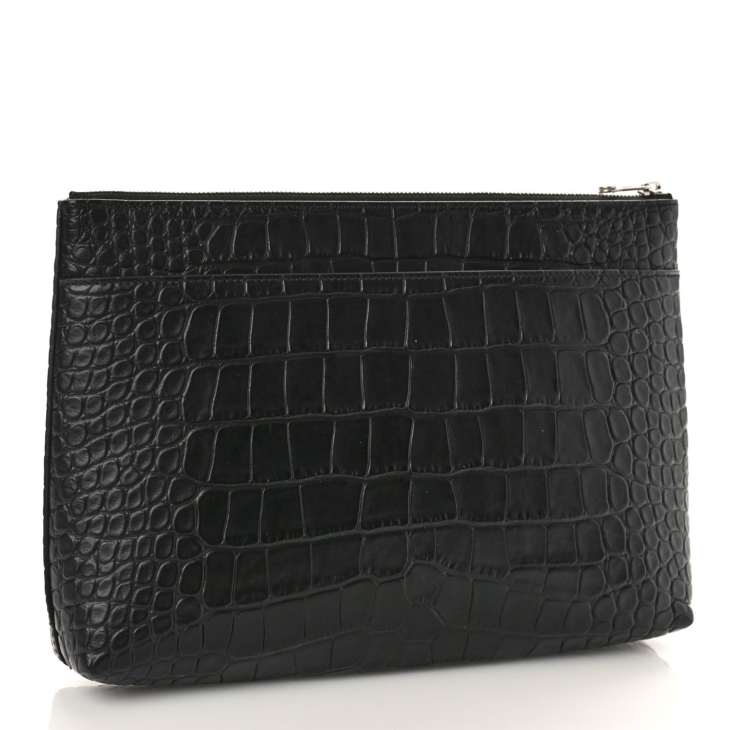 Balenciaga Semi Matte Calfskin Logo Crocodile Embossed Cash Gusseted Pouch Black White 3 of 8