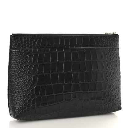 Balenciaga Semi Matte Calfskin Logo Crocodile Embossed Cash Gusseted Pouch Black White 3 of 8