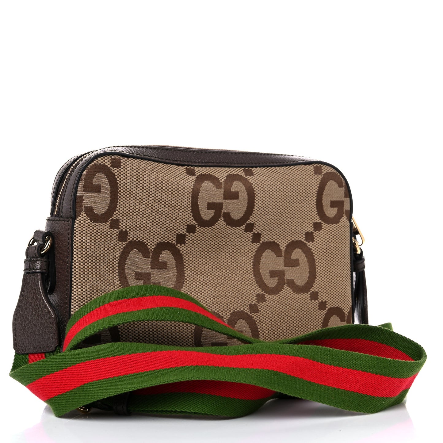 Monogram Jumbo GG Textured Dollar Calfskin Web Messenger Shoulder Bag Camel Ebony New Acero