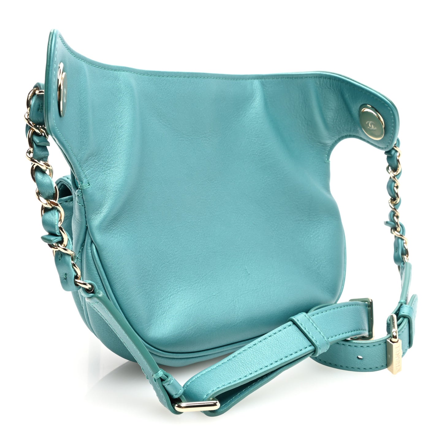 Metallic Calfskin Flap Chain Waist Bag Turquoise