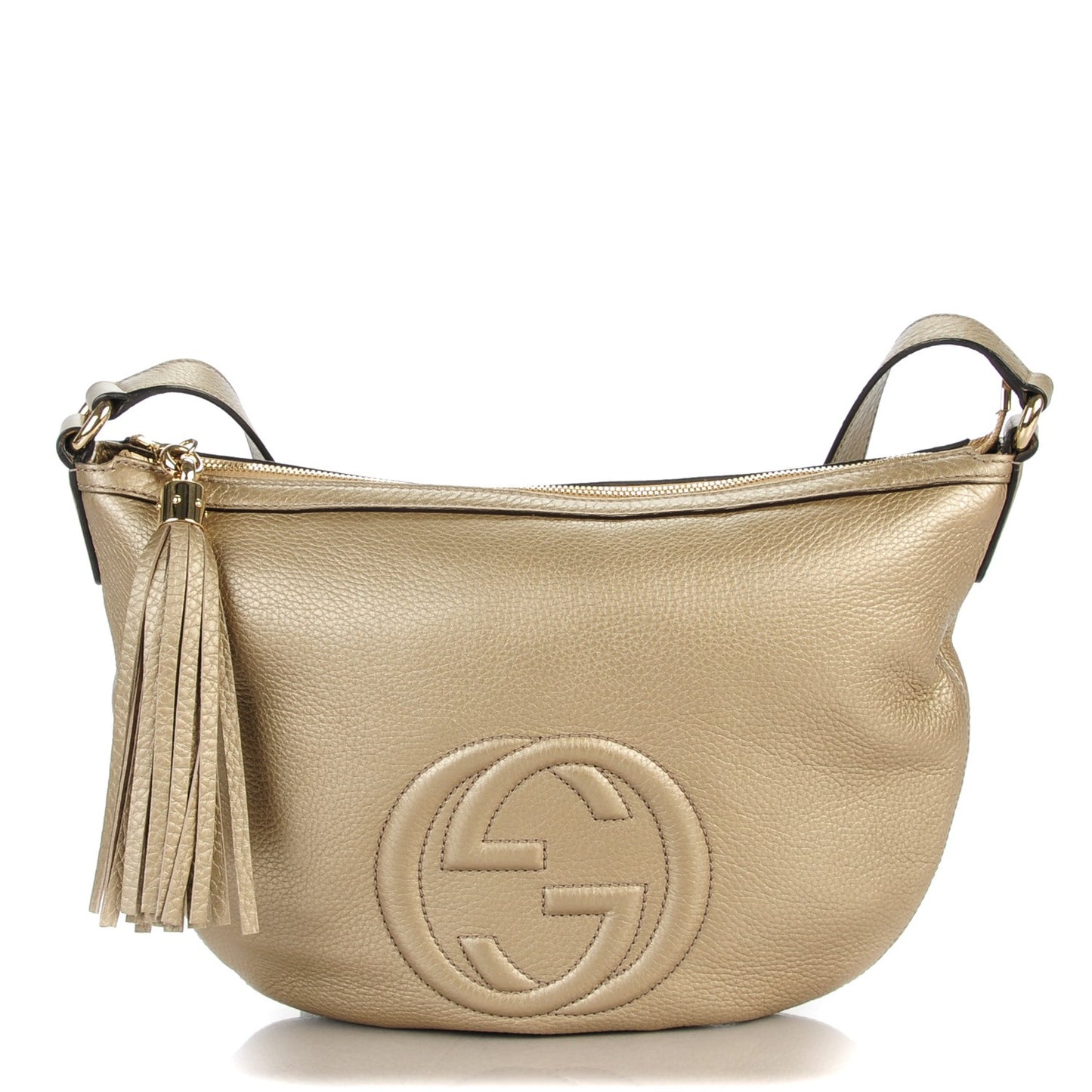 Metallic Pebbled Calfskin Small Soho Hobo Golden Beige