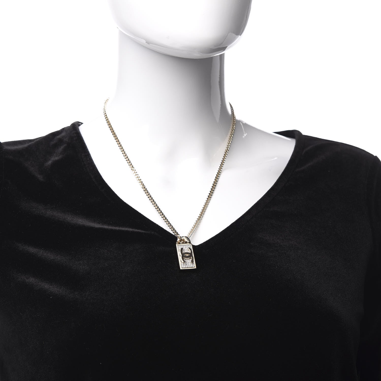 Chanel Crystal Dog Tag Charm Necklace Gold 2 of 6