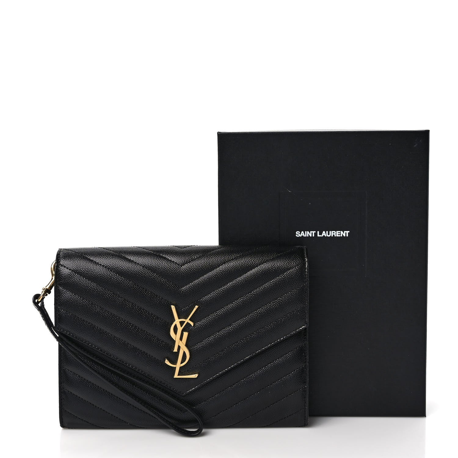 Saint Laurent Grain De Poudre Matelasse Chevron Monogram Envelope Clutch Black 8 of 8