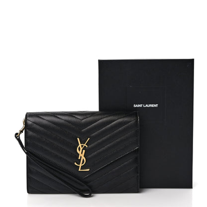Saint Laurent Grain De Poudre Matelasse Chevron Monogram Envelope Clutch Black 8 of 8