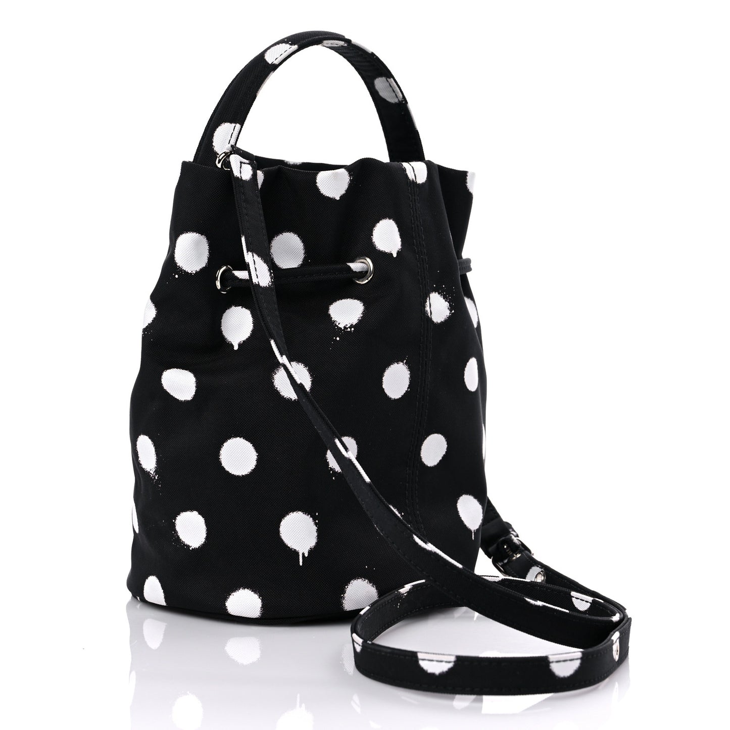 Recycled Sport Nylon Polka Dot Logo Embroidered Wheel Drawstring Bucket Bag Black White