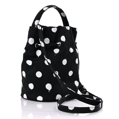 Balenciaga Recycled Sport Nylon Polka Dot Logo Embroidered Wheel Drawstring Bucket Bag Black White 3 of 9
