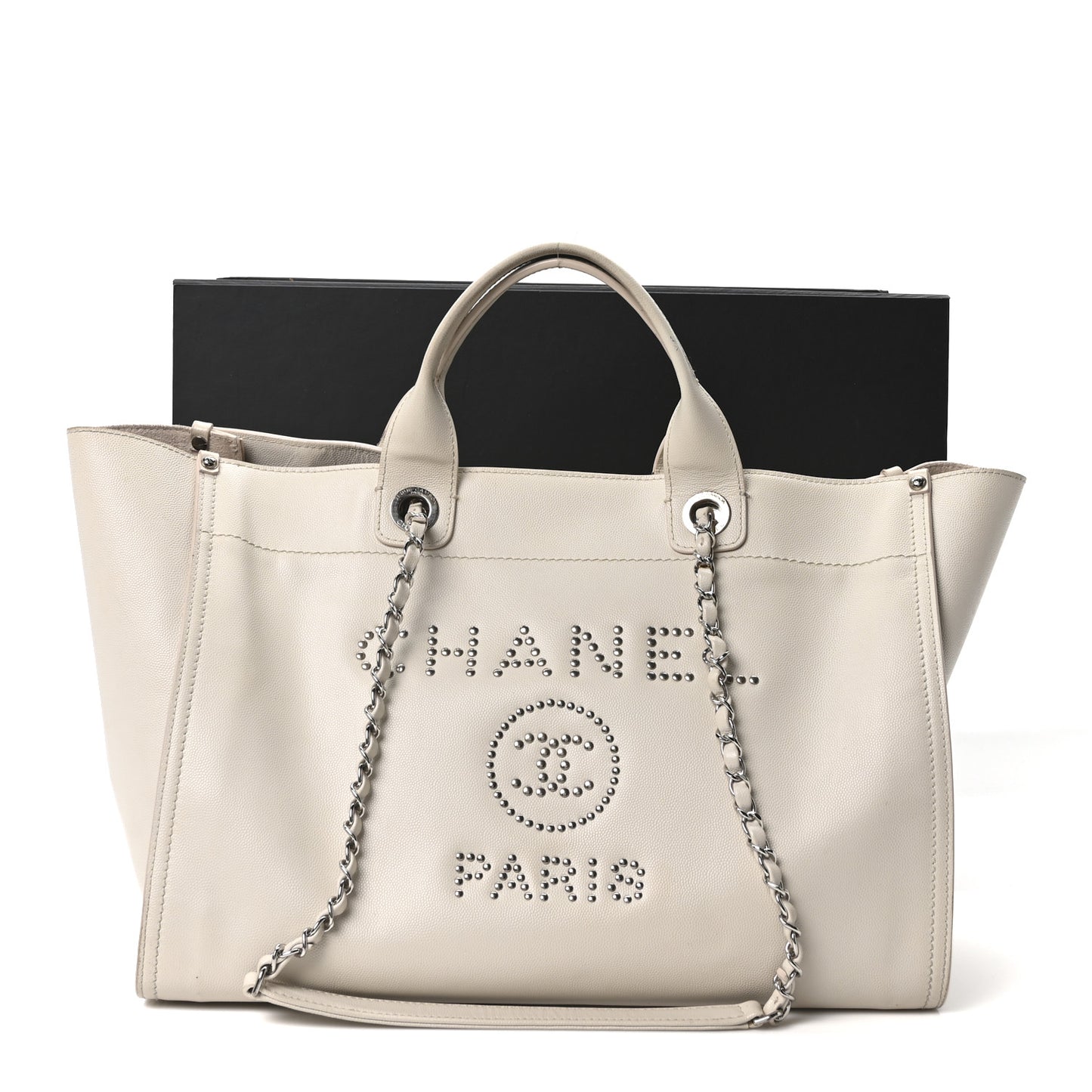 Caviar Medium Studded Deauville Tote Ivory