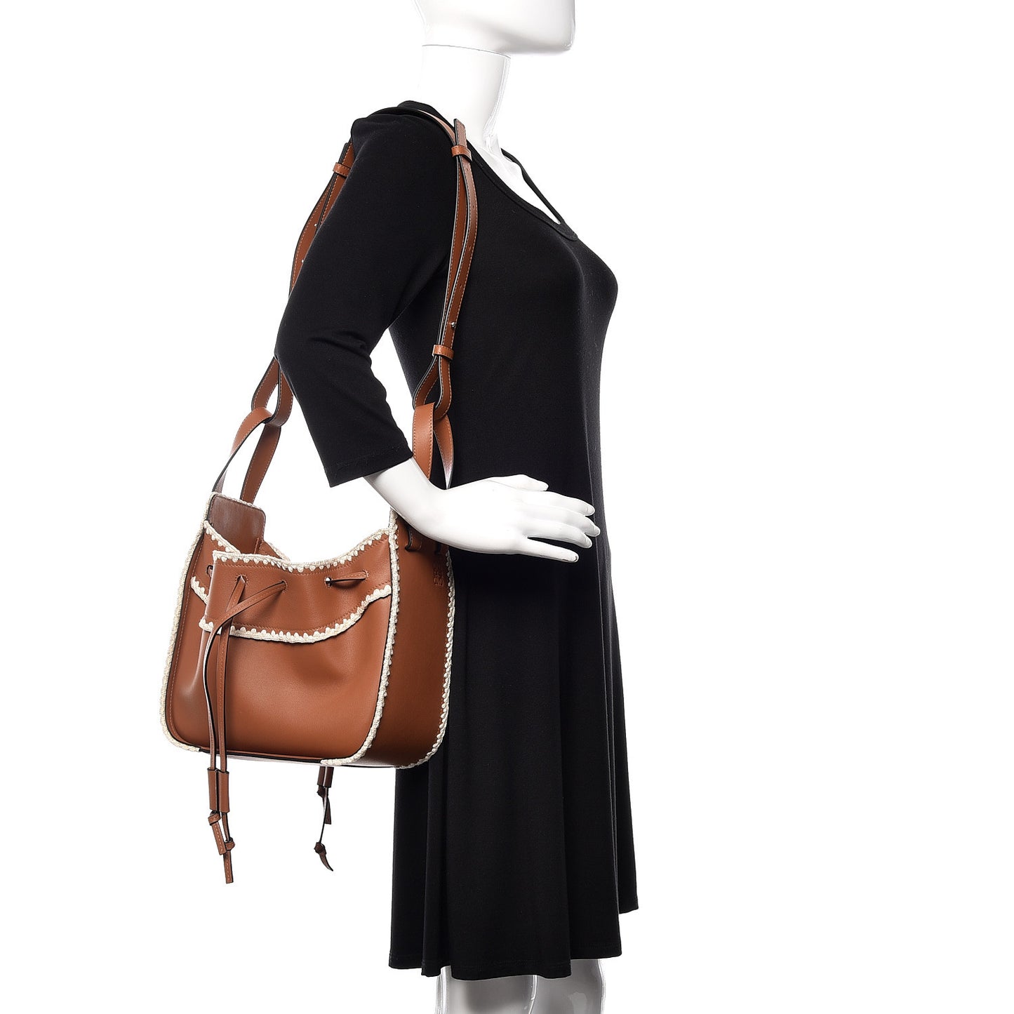 Calfskin Small Crochet Trim Hammock Shoulder Bag Tan