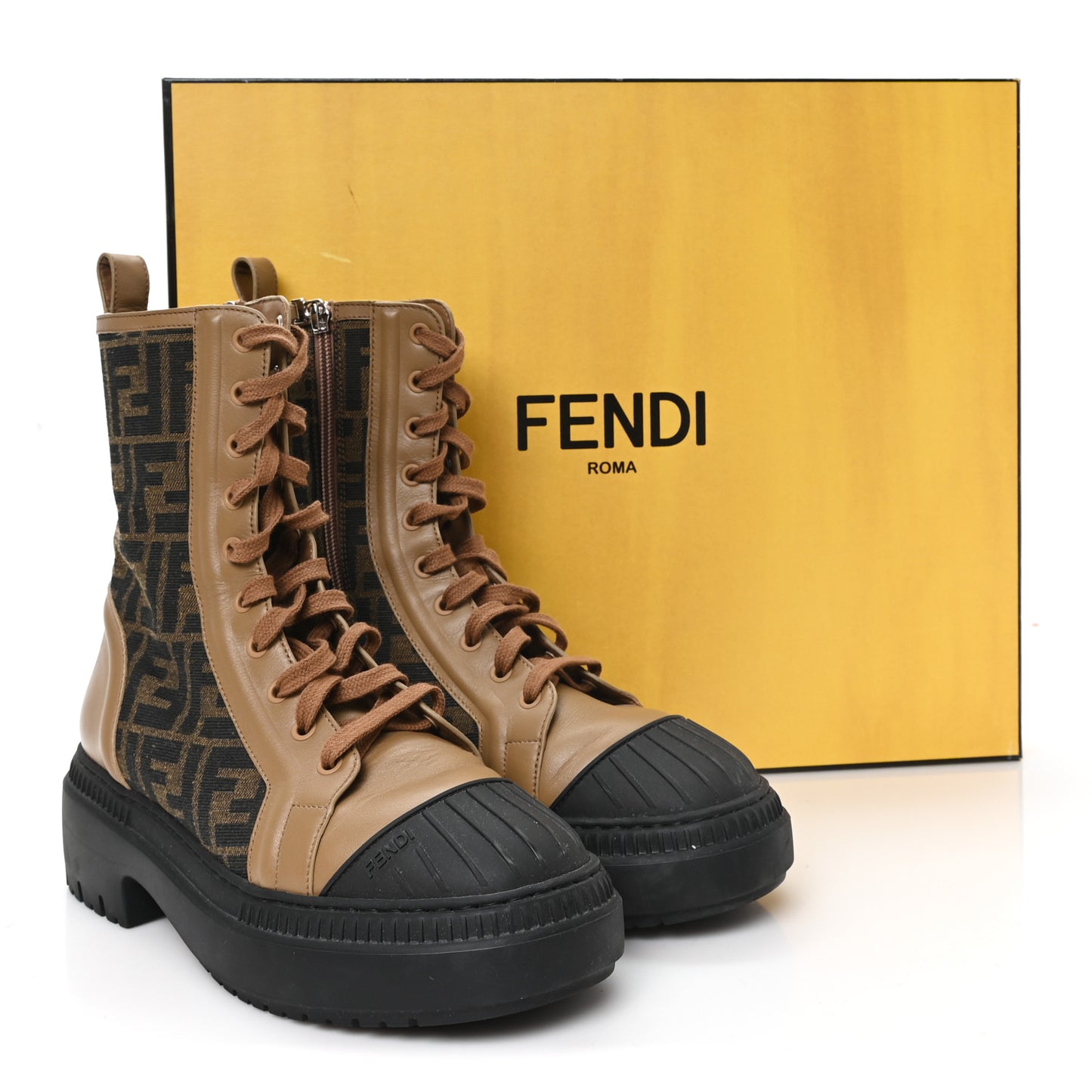 Fabric Jacquard Vitello FF Domino 50mm Biker Boots 38.5 Tobacco Black Sand