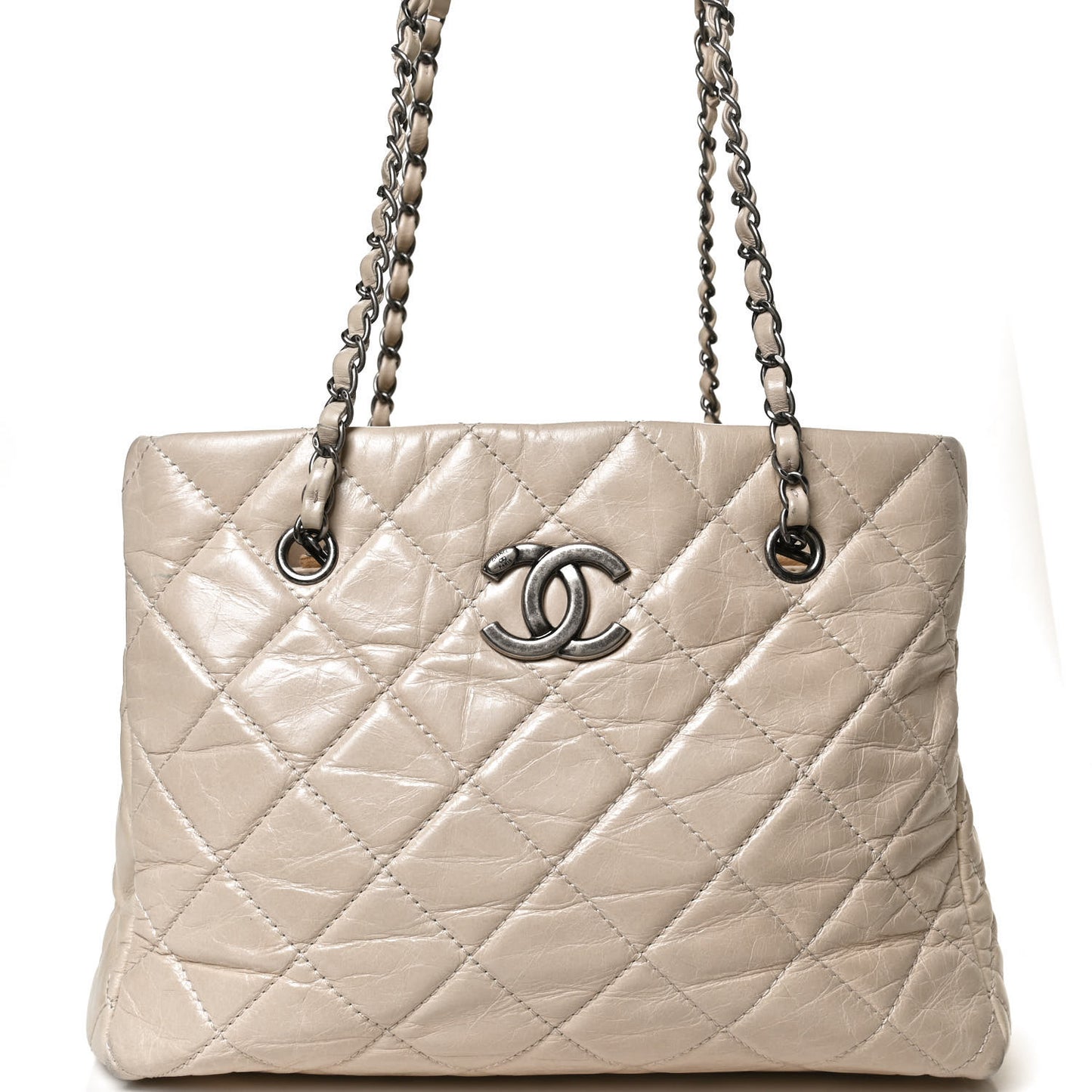 Glazed Calfskin Quilted Tote Light Beige
