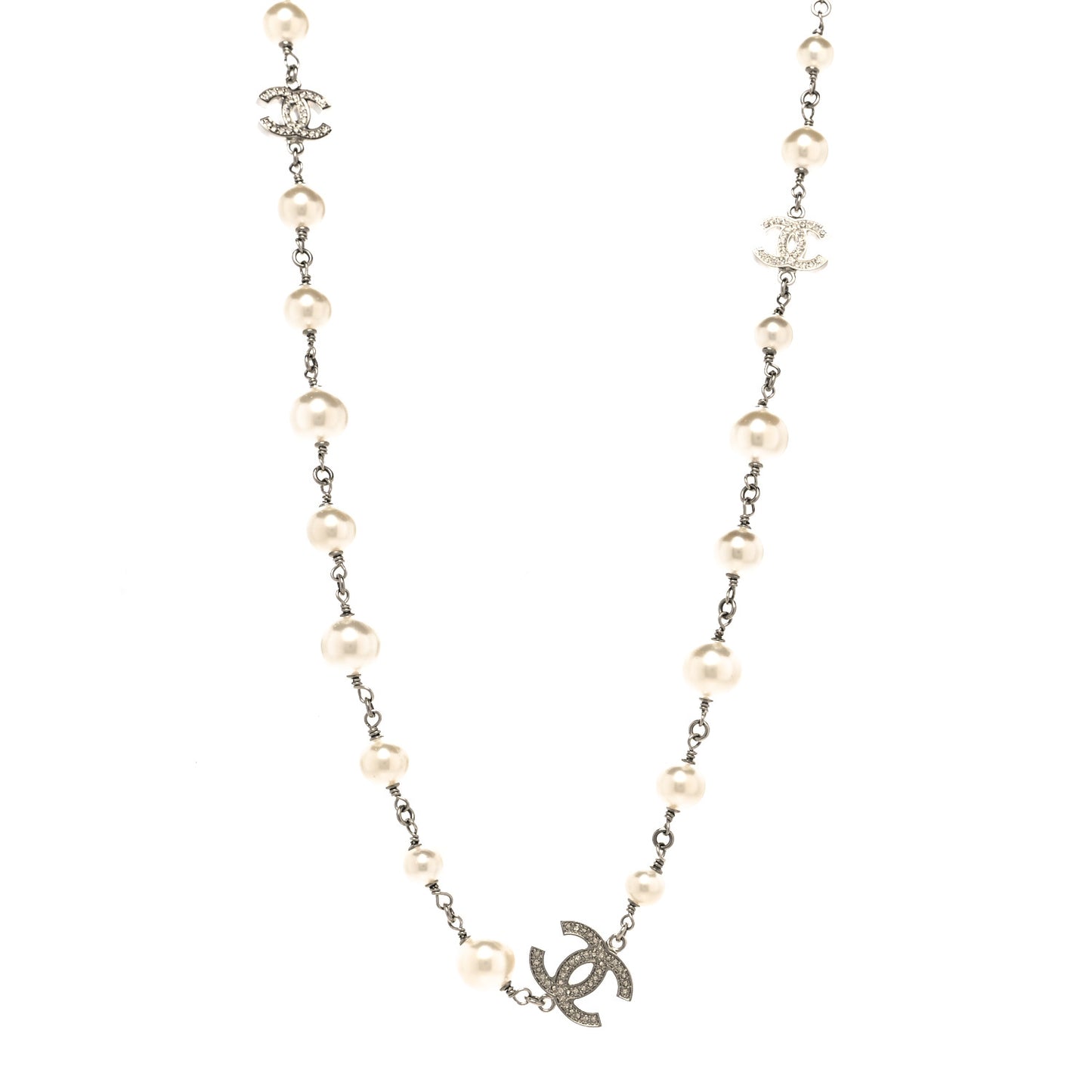 Graduated Pearl Crystal CC Long Necklace Silver