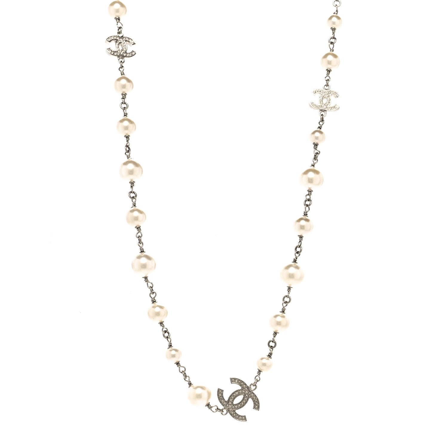 Chanel Graduated Pearl Crystal CC Long Necklace Silver 1 of 5