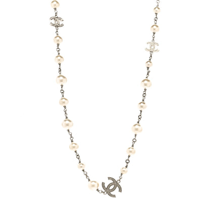Chanel Graduated Pearl Crystal CC Long Necklace Silver 1 of 5