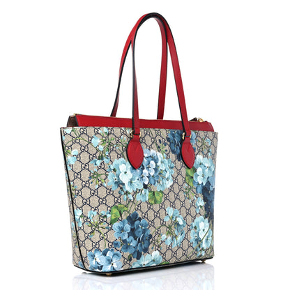 Gucci GG Supreme Monogram Blooms Medium Zippered Bucket Tote Beige Blue Navy Hibiscus Red 3 of 10