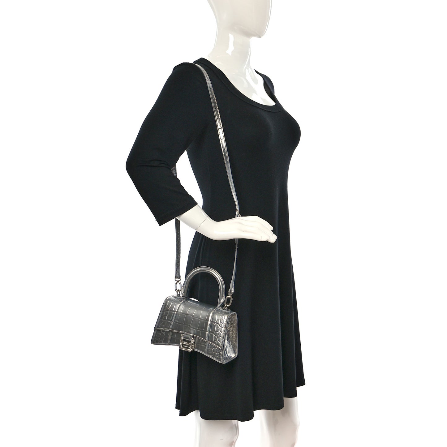 Metallic Calfskin Crocodile Embossed Crystal Hourglass Top Handle Bag XS Silver