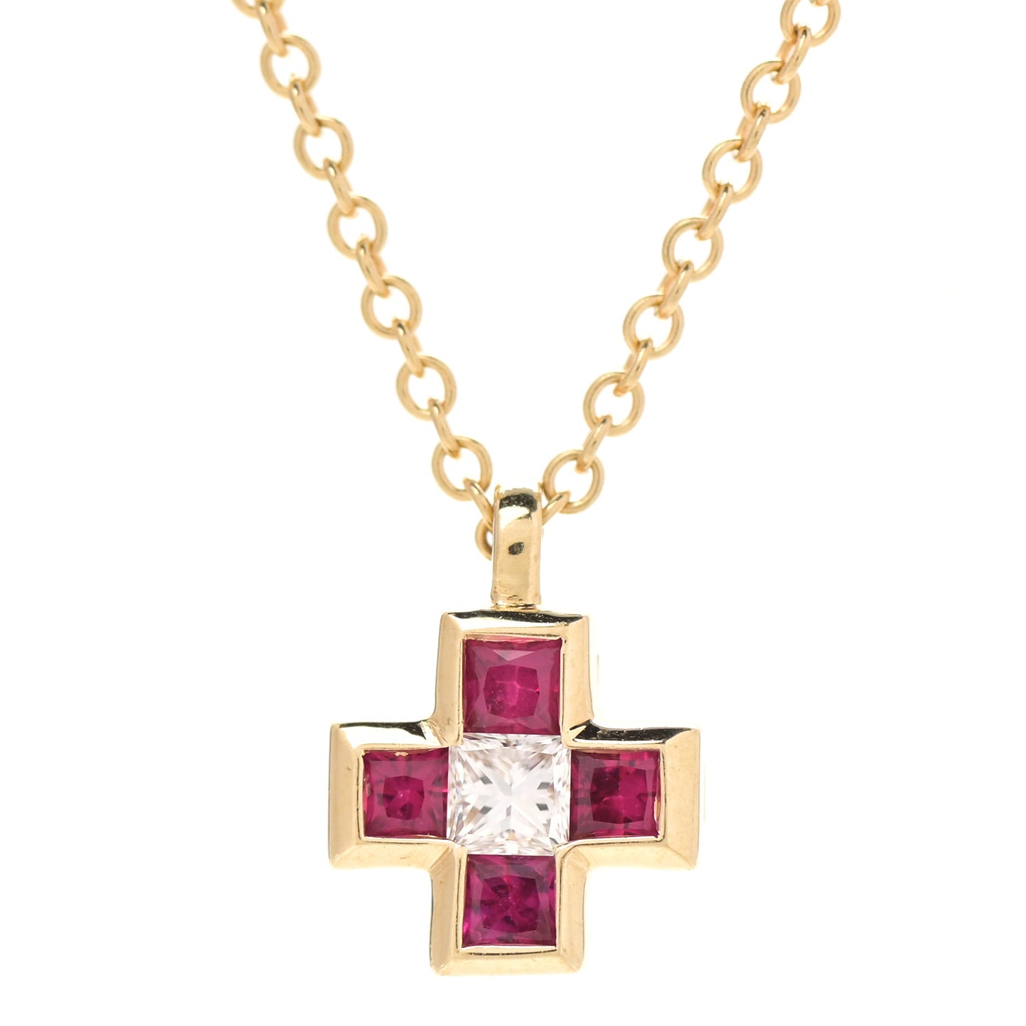 18K Yellow Gold Diamond Ruby Mini Cross Pendant Necklace