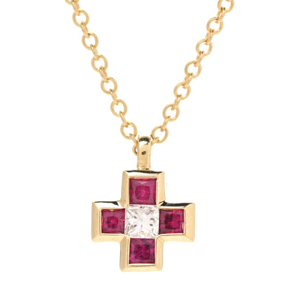 Tiffany 18K Yellow Gold Diamond Ruby Mini Cross Pendant Necklace 4 of 7