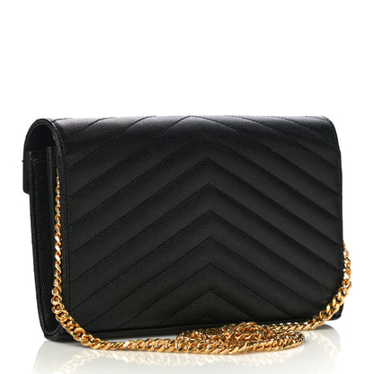 Saint Laurent Grain De Poudre Matelasse Chevron Monogram Chain Wallet Black 3 of 10