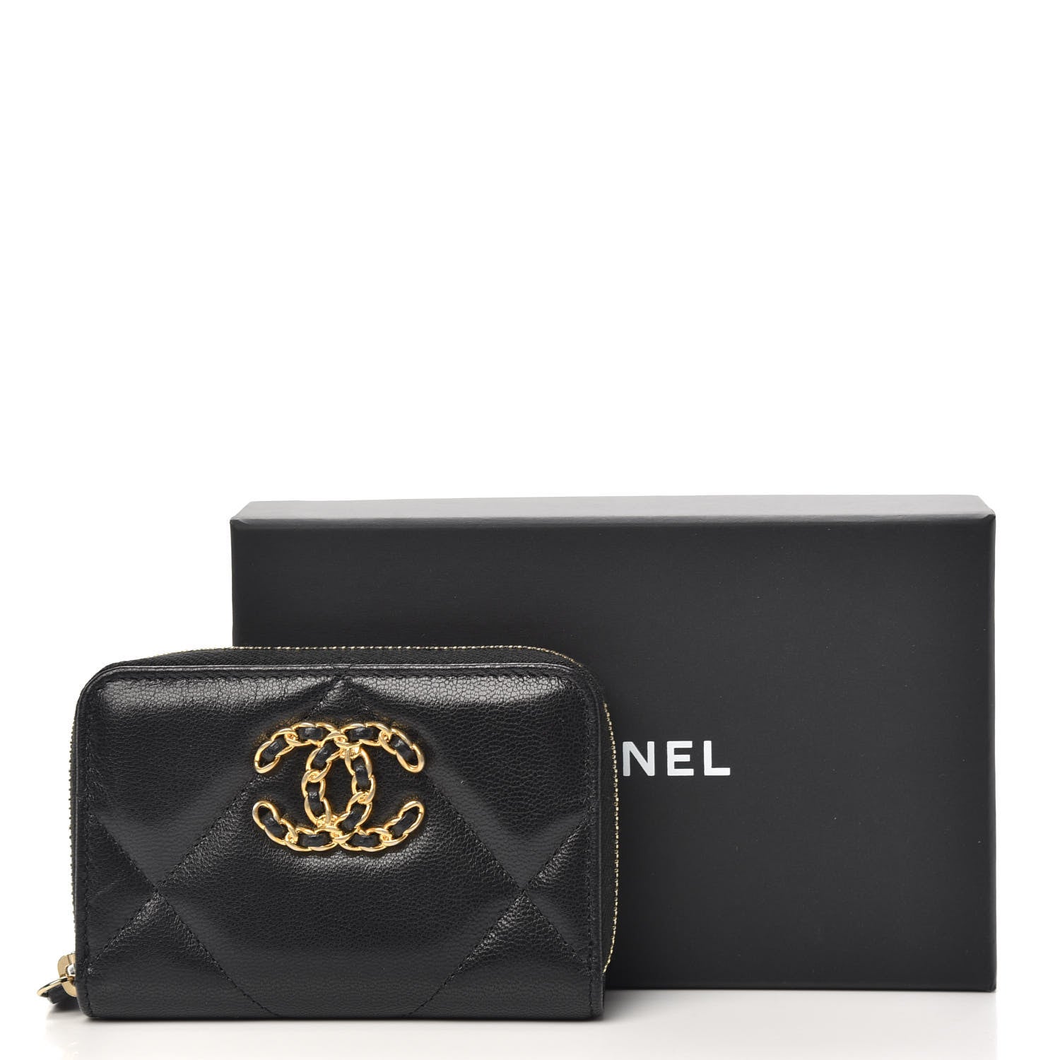 Chanel Shiny Goatskin Quilted Chanel 19 Zip Around Coin Purse Wallet Black 9 of 9