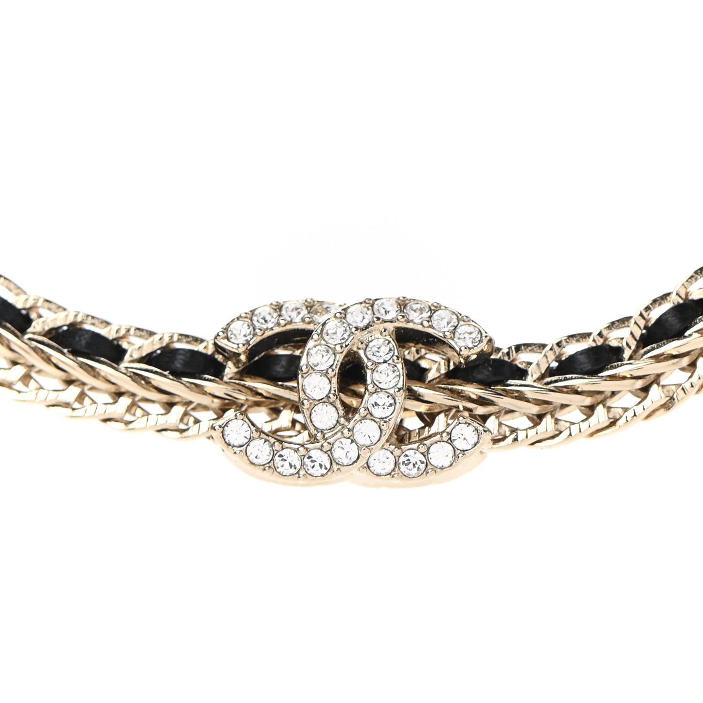 Metal Lambskin Crystal Chain CC Necklace Black Gold