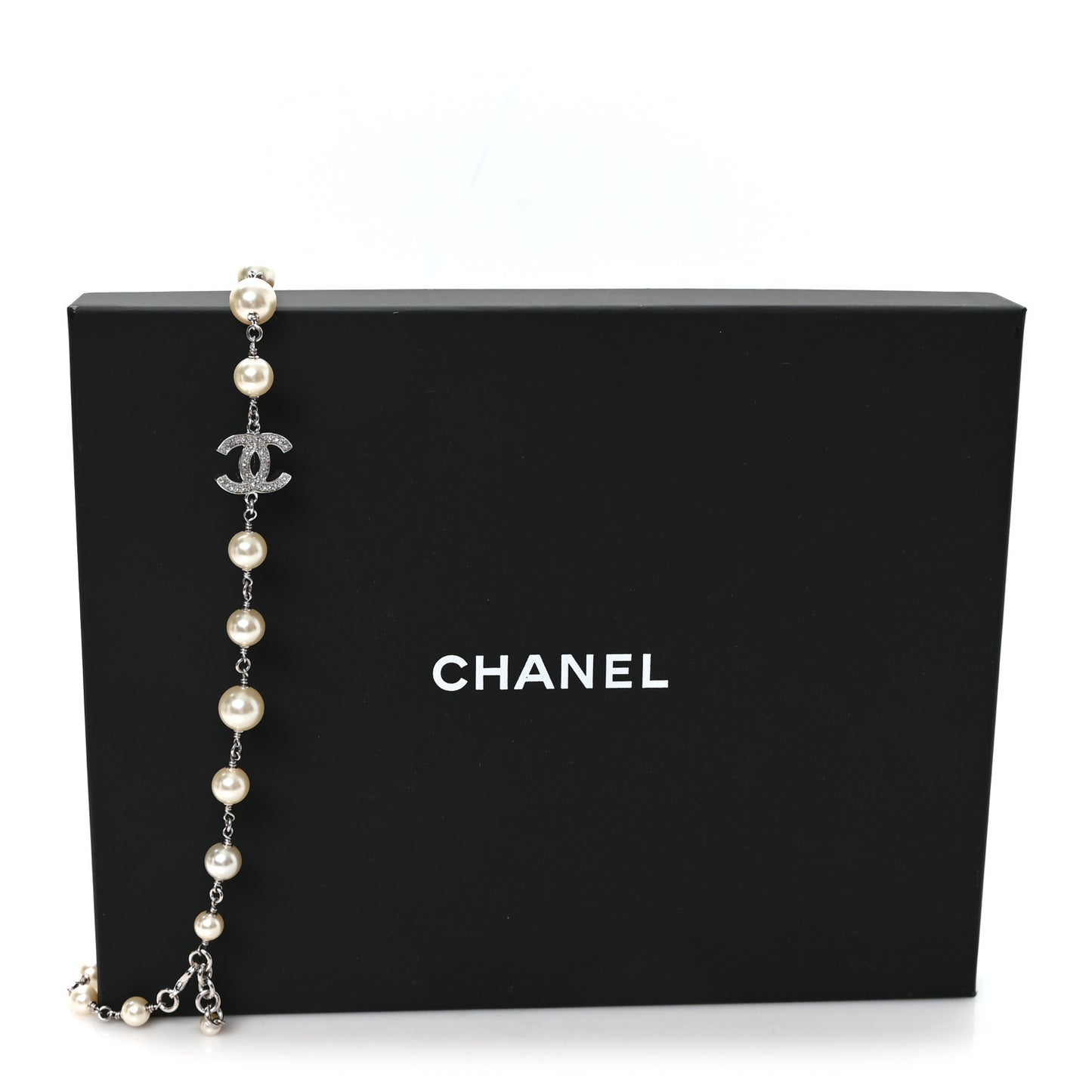 Graduated Pearl Crystal CC Long Necklace Silver
