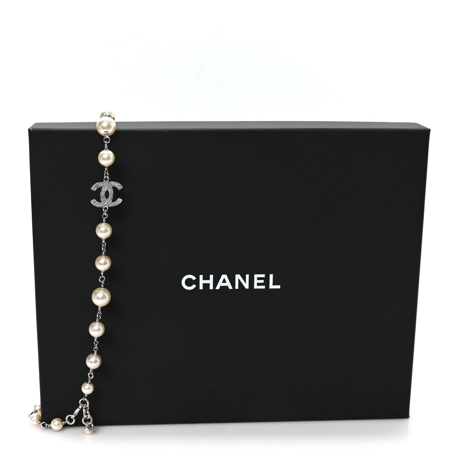 Chanel Graduated Pearl Crystal CC Long Necklace Silver 5 of 5