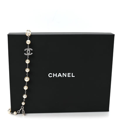 Chanel Graduated Pearl Crystal CC Long Necklace Silver 5 of 5