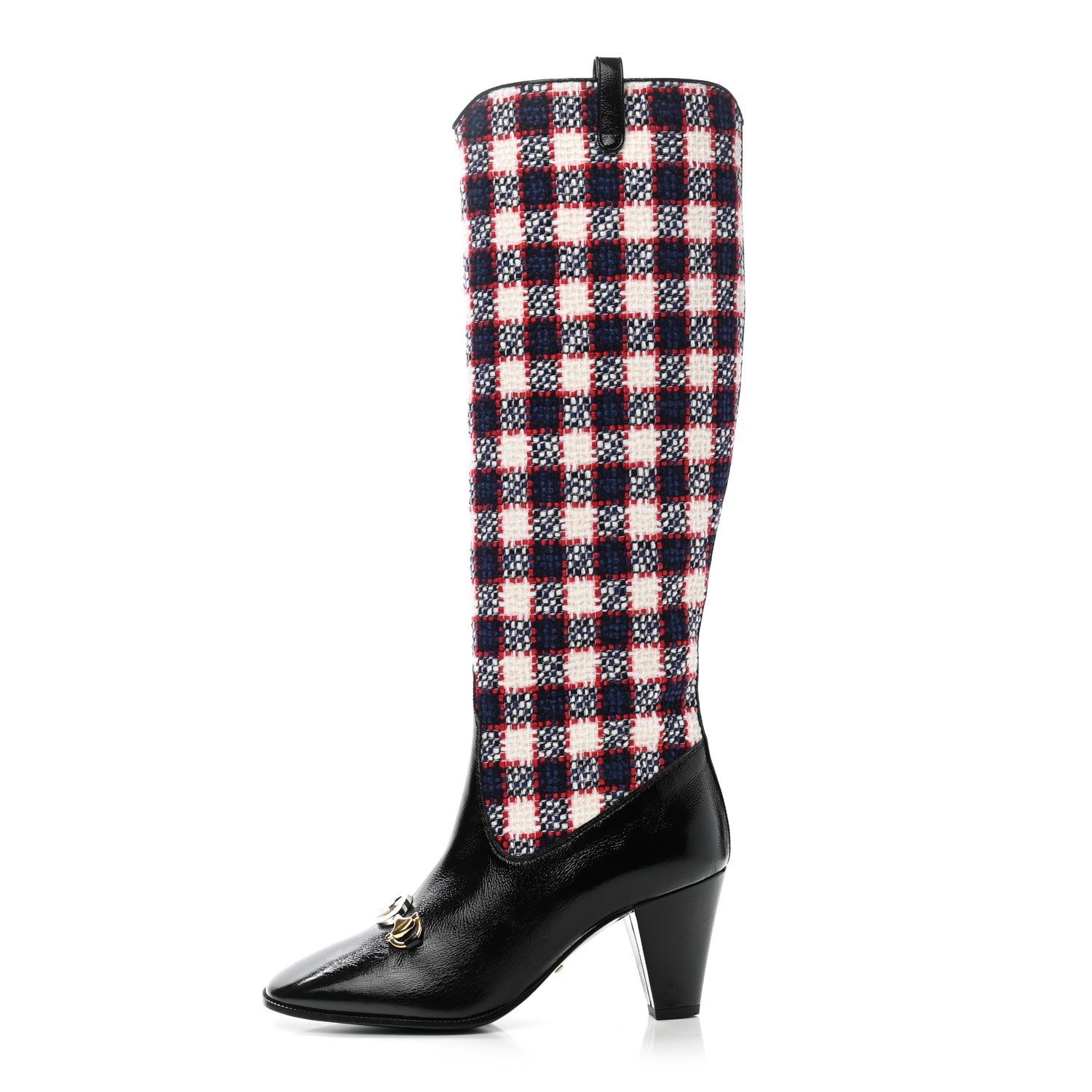 Gucci Tweed Naplack Check Zumi Knee Boots 37 White Hibiscus Red Maritime Black 1 of 9