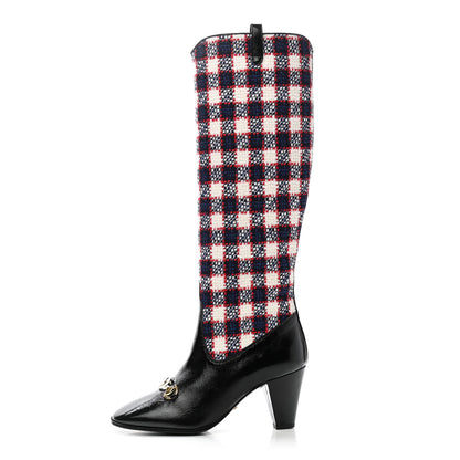 Gucci Tweed Naplack Check Zumi Knee Boots 37 White Hibiscus Red Maritime Black 1 of 9