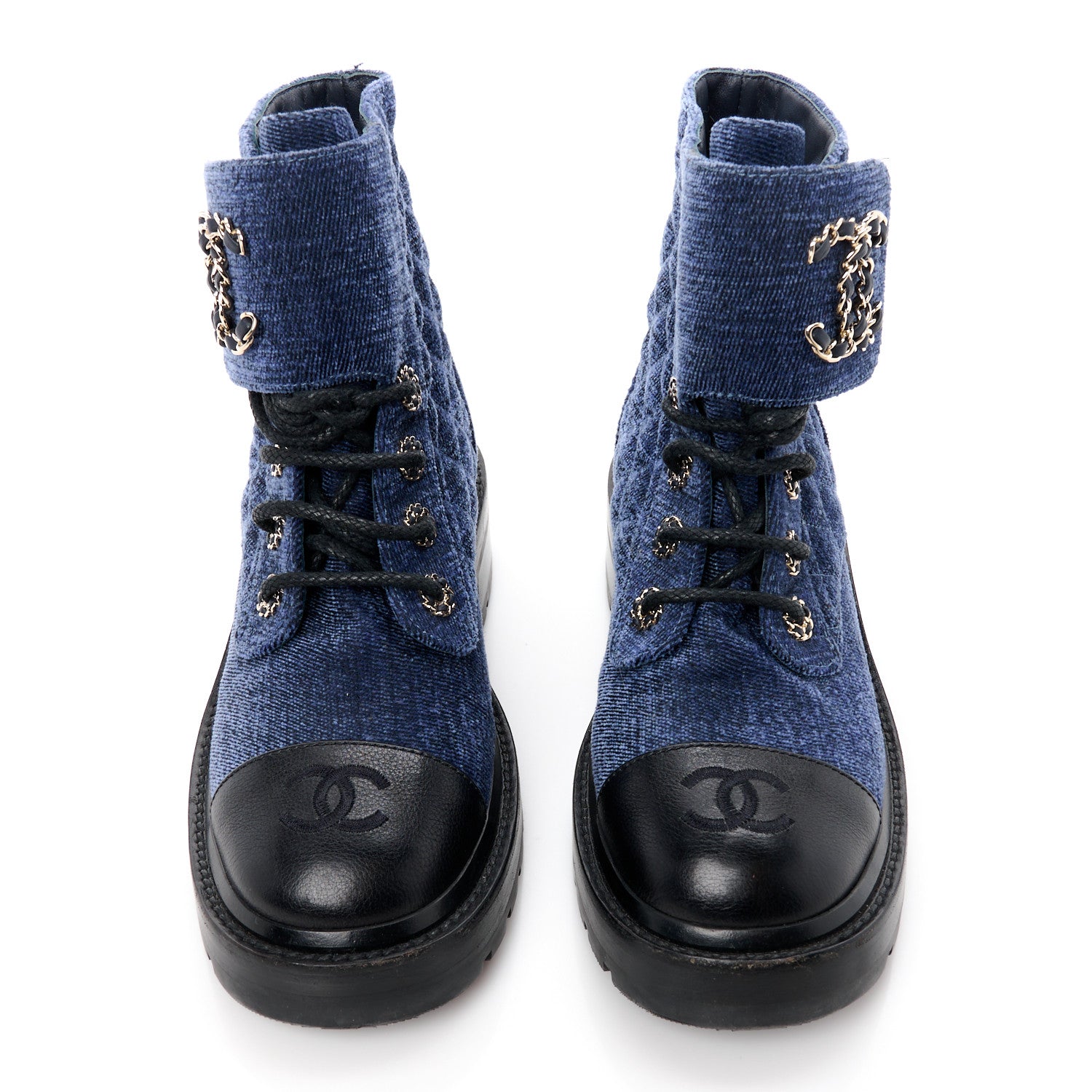 Chanel Denim Calfskin Quilted Lace Up Combat Boots 36.5 Blue 2 of 8