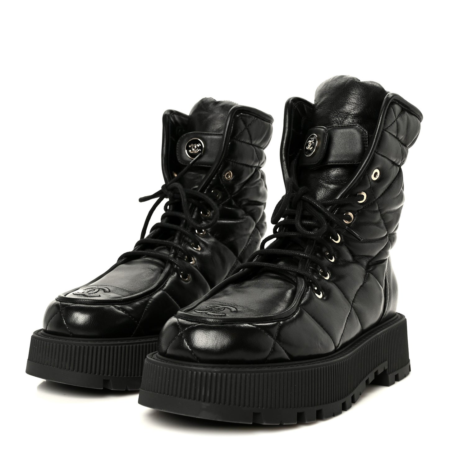 Lambskin Calfskin Quilted Lace Up Combat Boots 40.5 Black