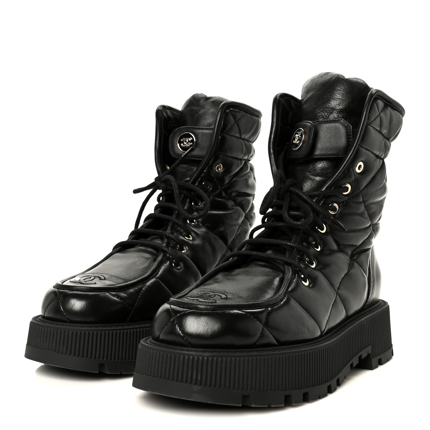 Chanel Lambskin Calfskin Quilted Lace Up Combat Boots 40.5 Black 4 of 10