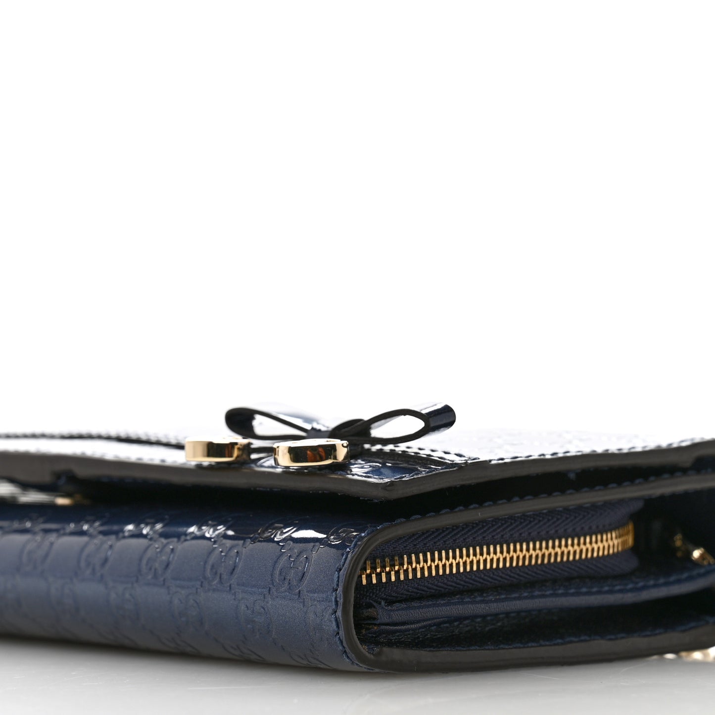Metallic Patent Microguccissima Signature Chain Wallet Navy