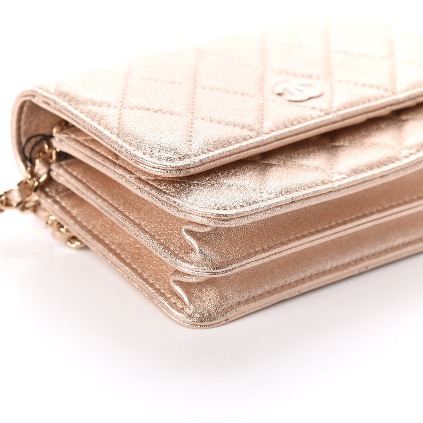 Metallic Lambskin Quilted Mini Wallet On Chain WOC Gold