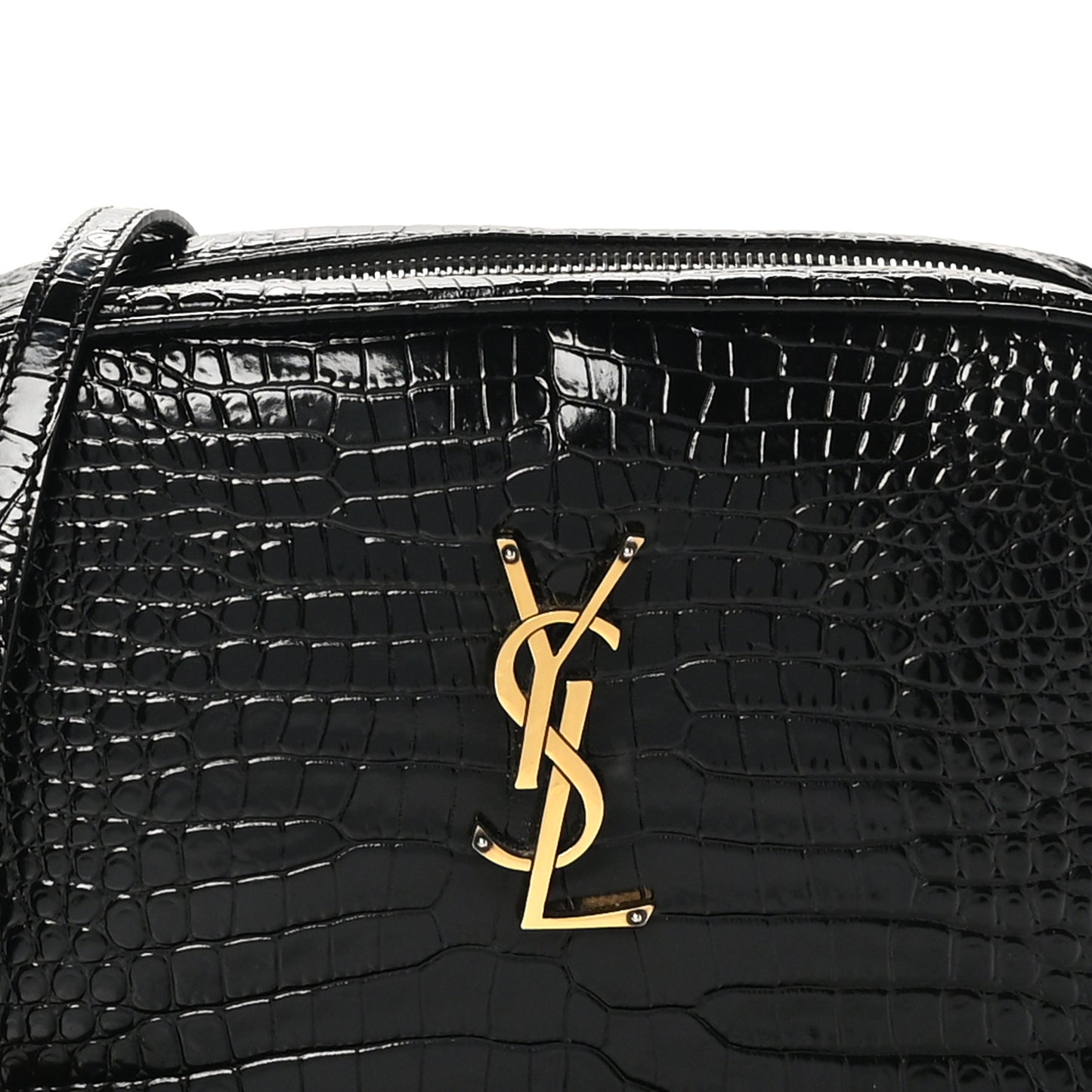 Patent Calfskin Crocodile Embossed Monogram Lou Camera Bag Black