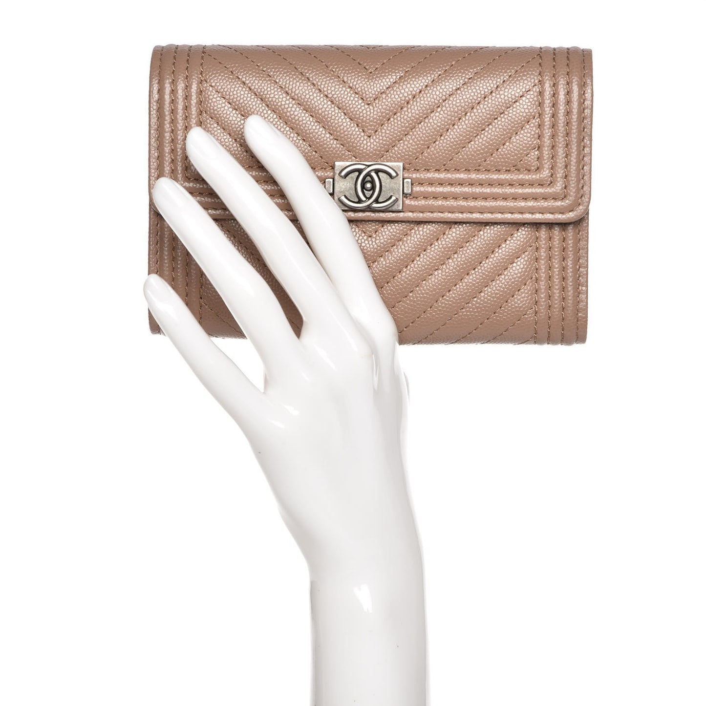 Caviar Chevron Quilted Medium Boy Flap Wallet Dark Beige