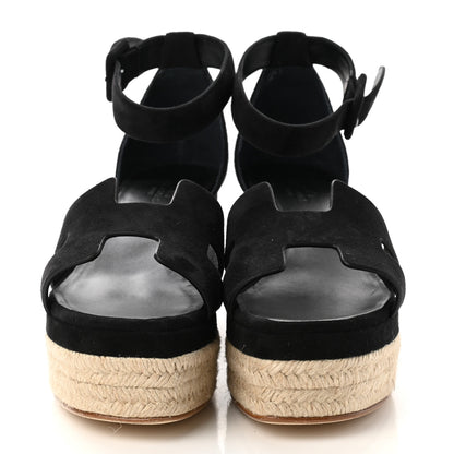 Hermes Goatskin Elda Espadrille Wedge Sandals 38 Black 2 of 9