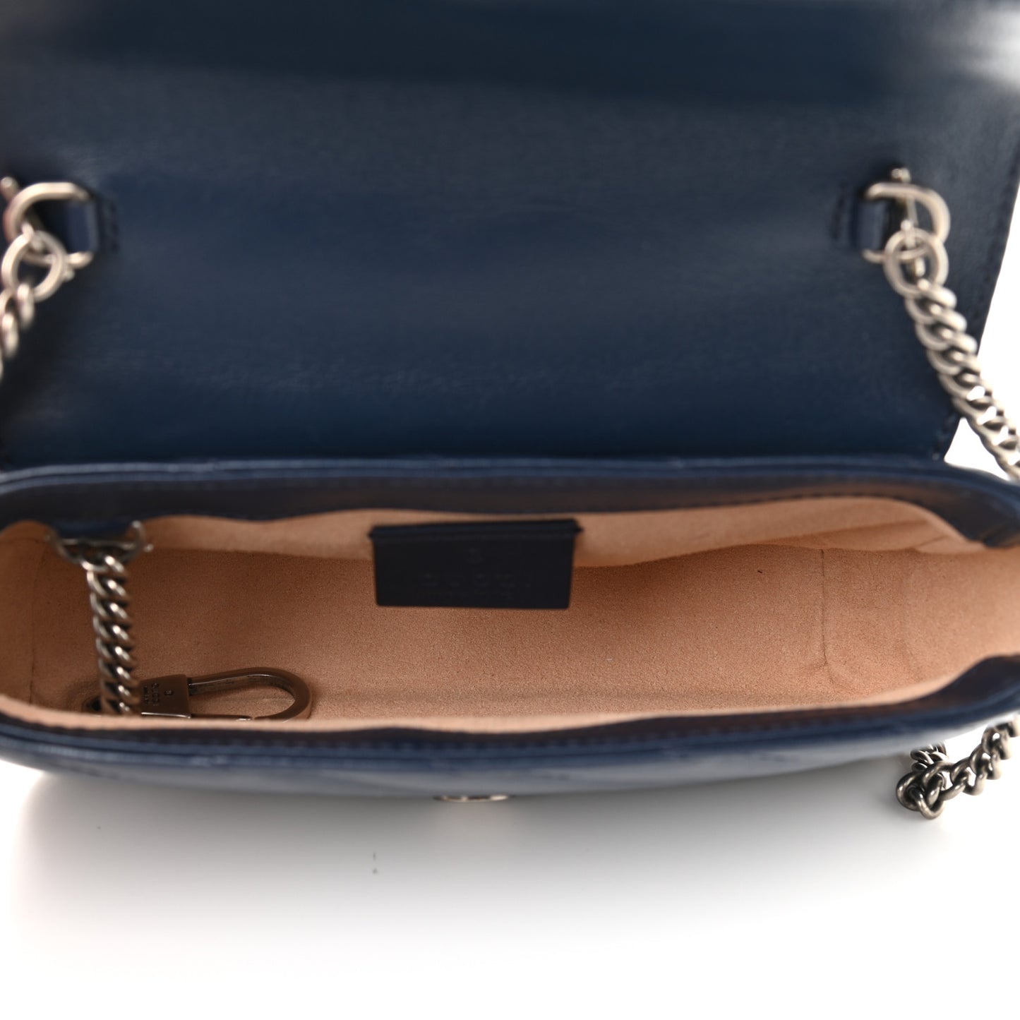 Vintage Effect Calfskin Matelasse Diagonal Super Mini Torchon GG Marmont Shoulder Bag Blue Agata Mystic White