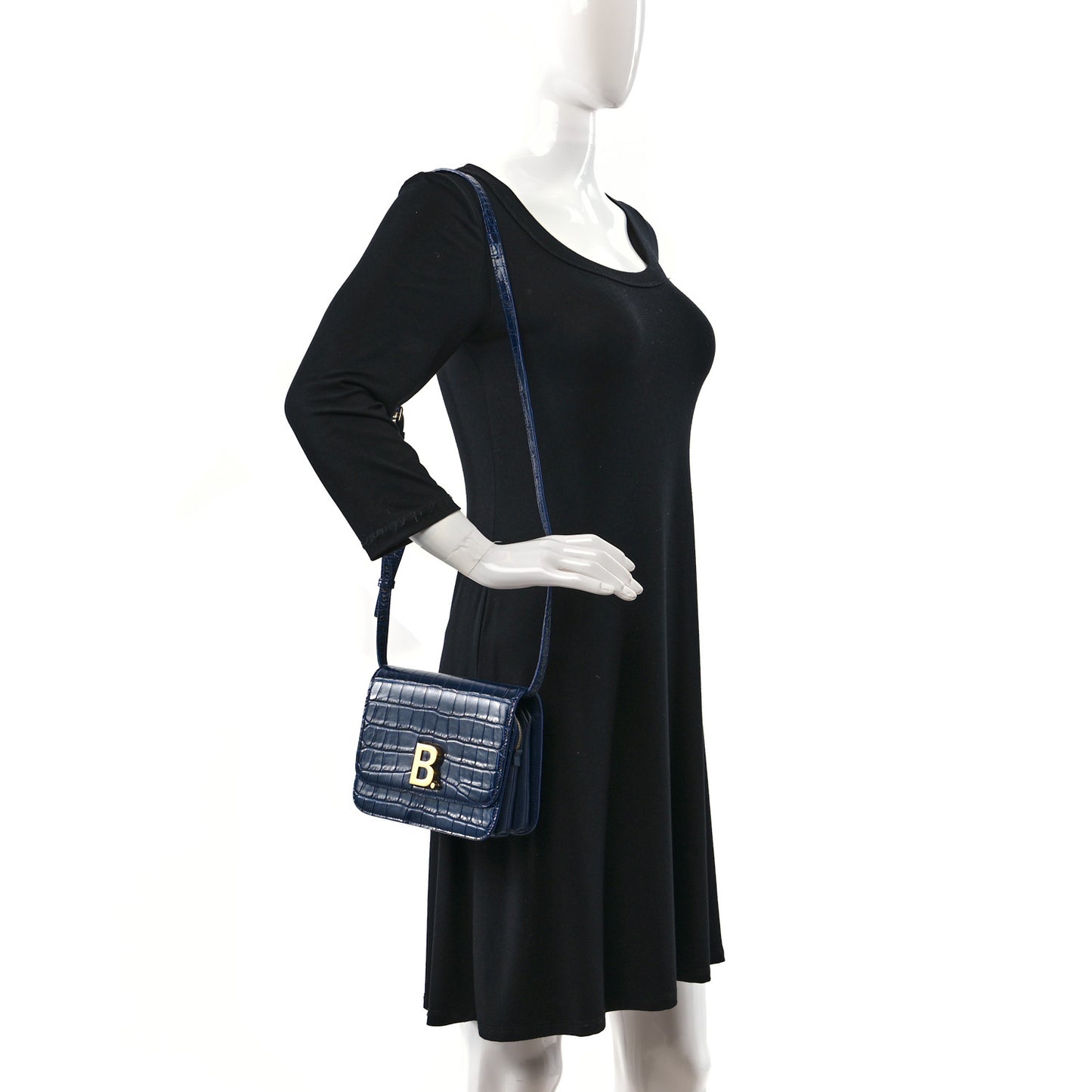 Shiny Calfskin Crocodile Embossed Small B Crossbody Bag Navy