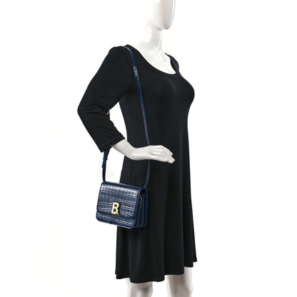 Balenciaga Shiny Calfskin Crocodile Embossed Small B Crossbody Bag Navy 2 of 9