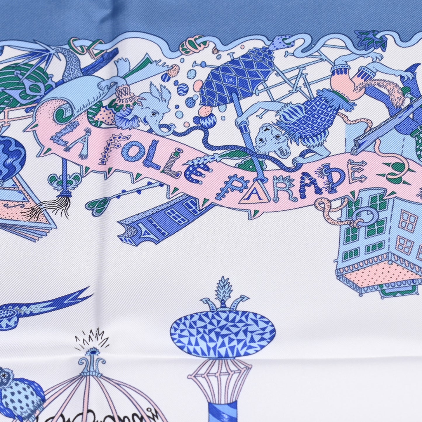 Silk Twill La Folle Parade Scarf 90 Bleu Jean White Rose