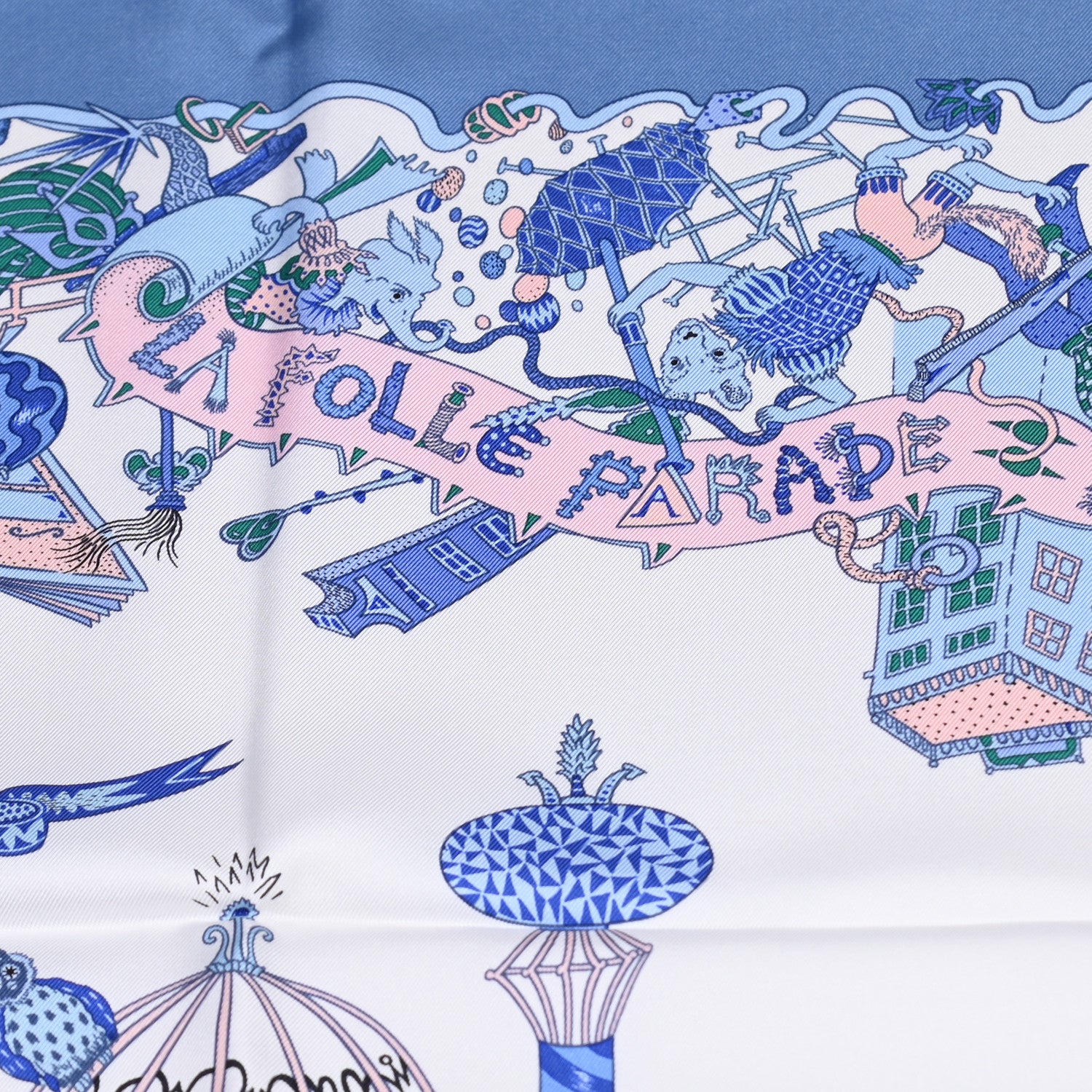 Hermes Silk Twill La Folle Parade Scarf 90 Bleu Jean White Rose 3 of 6